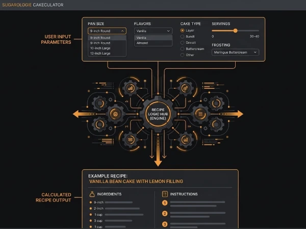 Sugarologie Cakeculator: pan, flavor, cake type, servings, and frosting inputs through the recipe logic hub to a calculated vanilla bean cake recipe