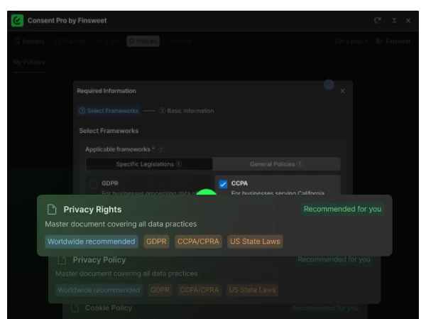 Consentpro Policy Generator: Privacy Rights master document covering GDPR, CCPA/CPRA, and US state laws